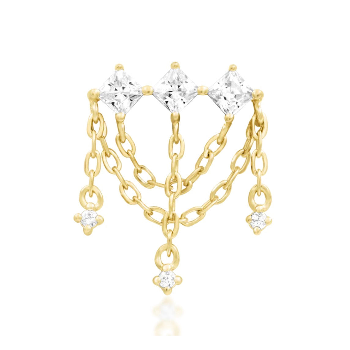 Junipurr Amirah solid 14k yellow gold threadless chain end with three White CZ stones, front view.