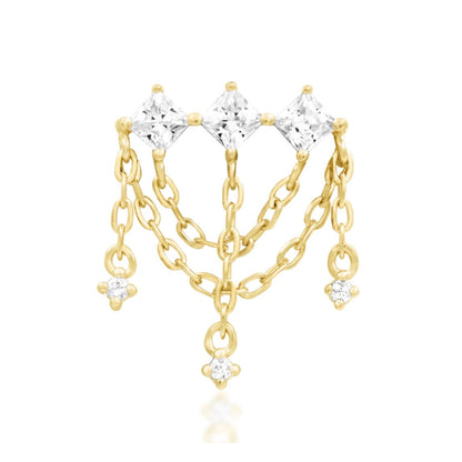 Junipurr Amirah solid 14k yellow gold threadless chain end with three White CZ stones, front view.