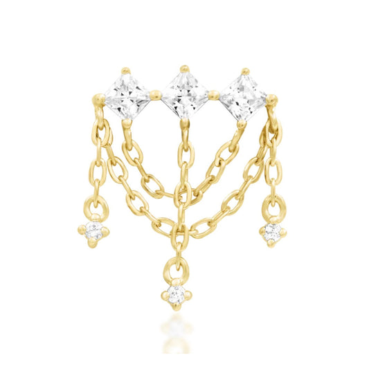 Junipurr Amirah solid 14k yellow gold threadless chain end with three White CZ stones, front view.