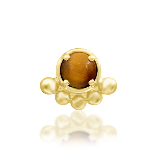 Junipurr Anele solid 14k gold Tiger Eye beaded threadless decorative end, product view.