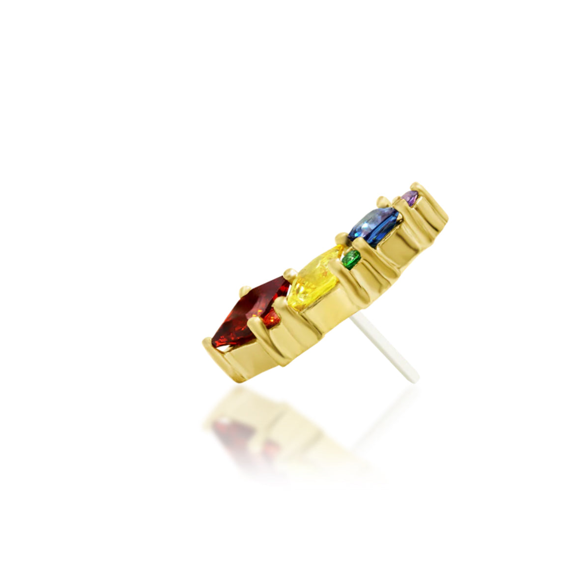 Junipurr Angela Rainbow CZ threadless decorative end in solid 14k gold, product view.