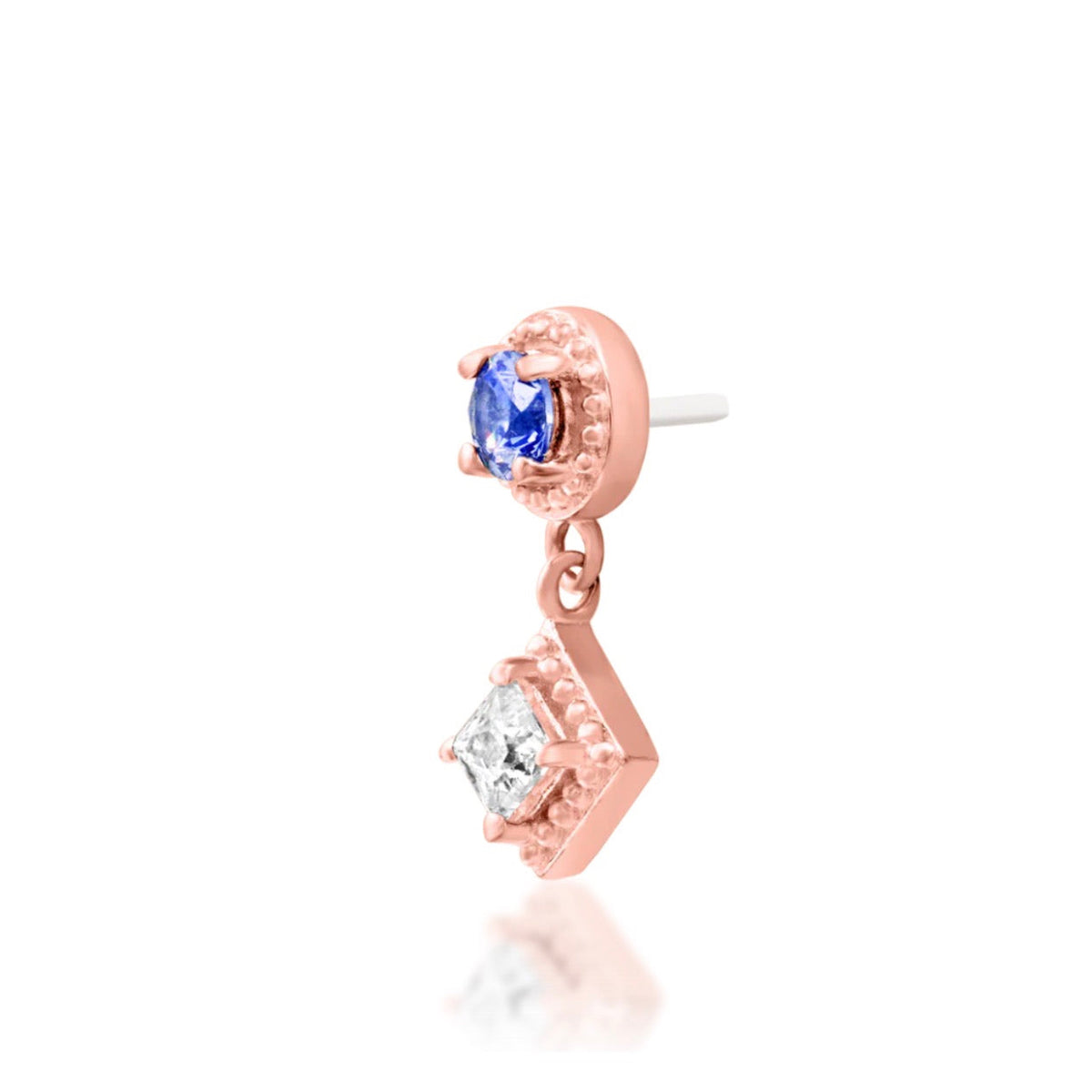 Junipurr Angelina solid 14k rose gold Light Tanzanite CZ dangle threadless end, angled view.