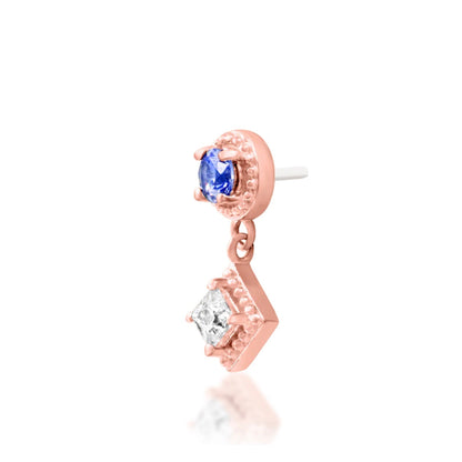 Junipurr Angelina solid 14k rose gold Light Tanzanite CZ dangle threadless end, angled view.