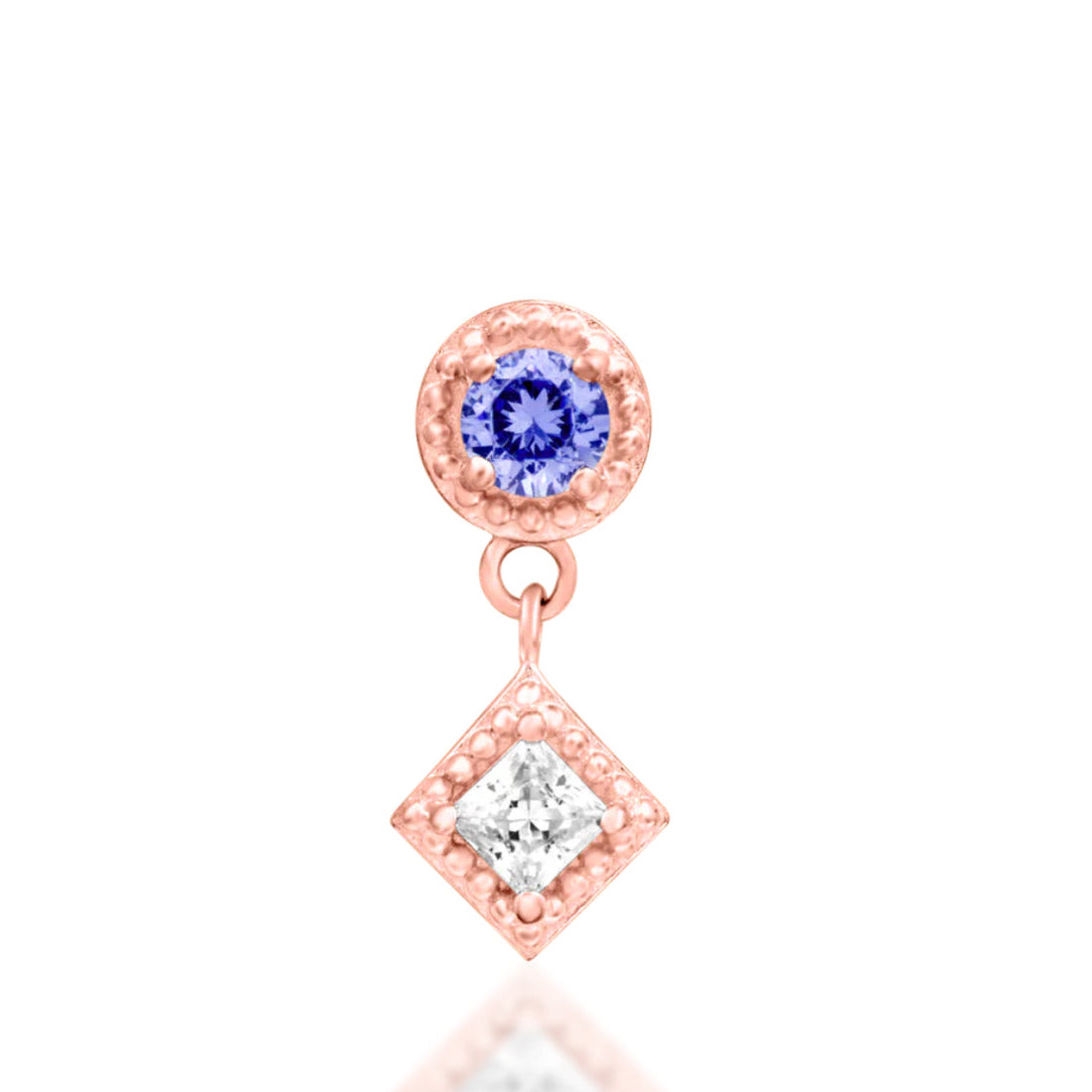 Junipurr Angelina solid 14k rose gold Light Tanzanite CZ dangle threadless end, front view.