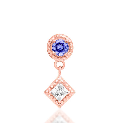 Junipurr Angelina solid 14k rose gold Light Tanzanite CZ dangle threadless end, front view.