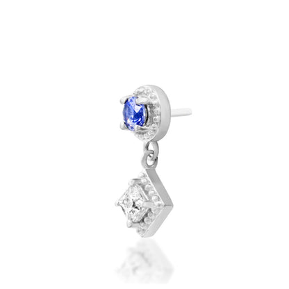 Junipurr Angelina solid 14k white gold Light Tanzanite CZ dangle threadless end, angled view.