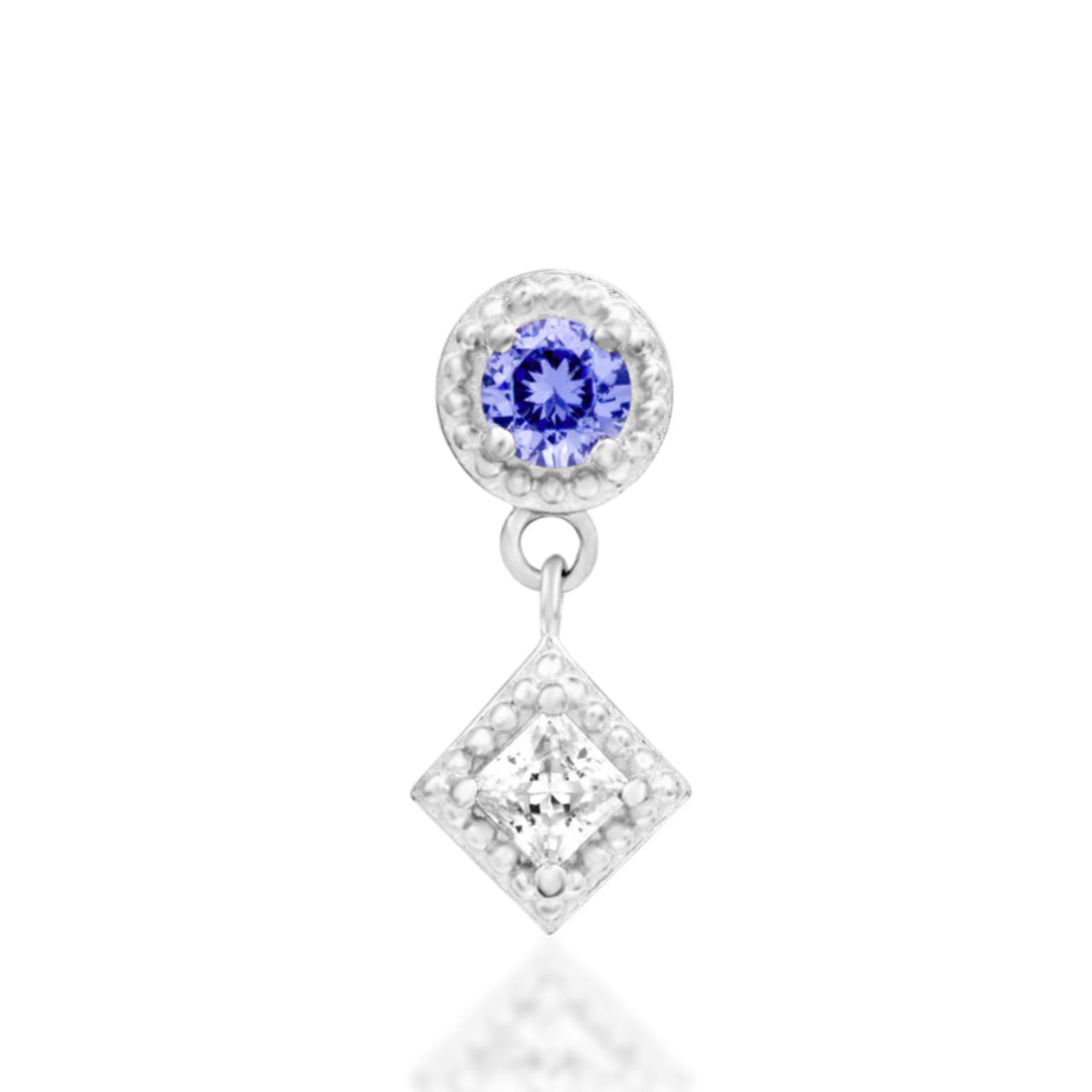 Junipurr Angelina solid 14k white gold Light Tanzanite CZ dangle threadless end, front view.