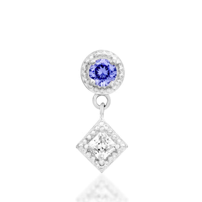 Junipurr Angelina solid 14k white gold Light Tanzanite CZ dangle threadless end, front view.