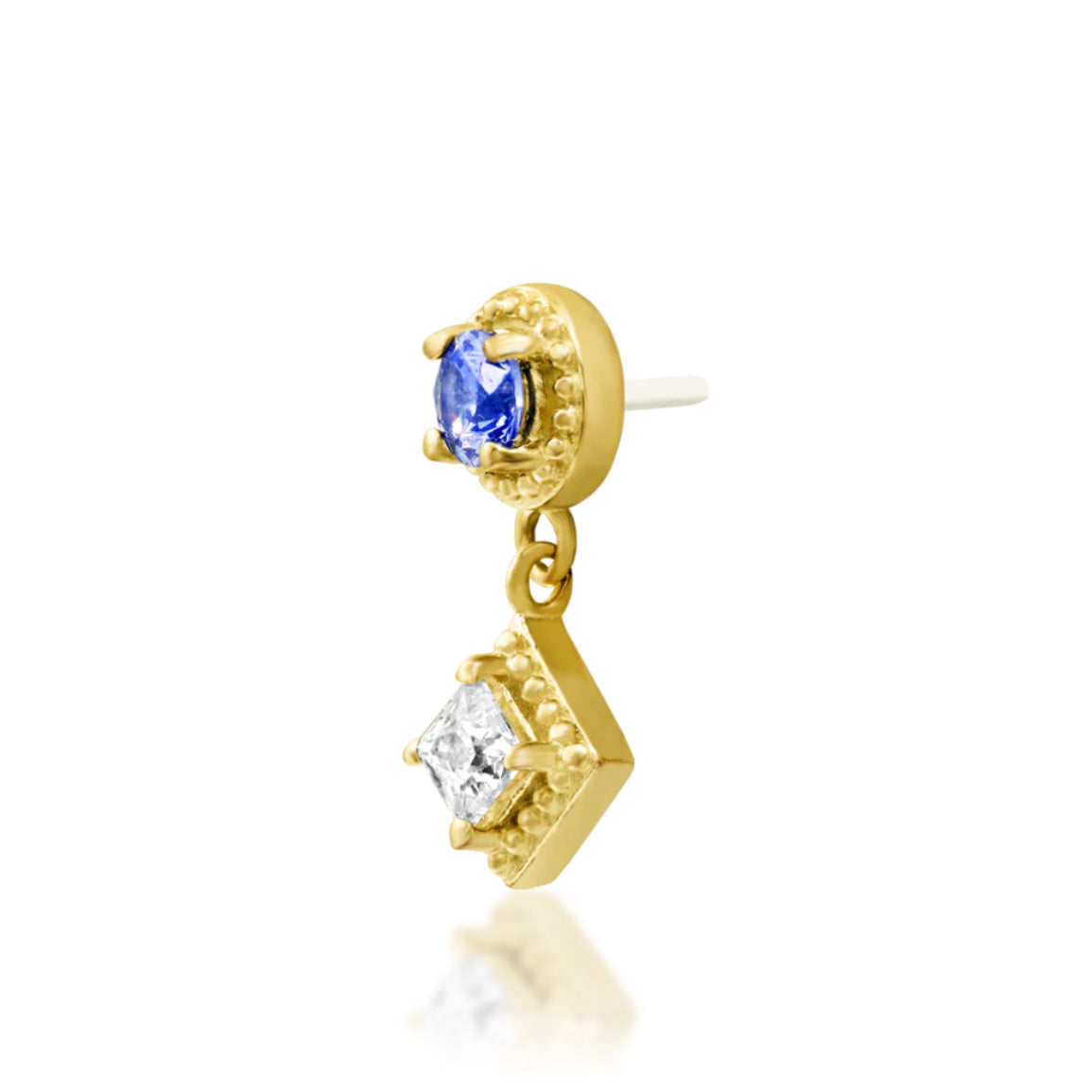 Junipurr Angelina solid 14k yellow gold Light Tanzanite CZ dangle threadless end, angled view.