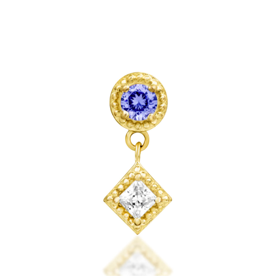 Junipurr Angelina solid 14k yellow gold Light Tanzanite CZ dangle threadless end, front view.