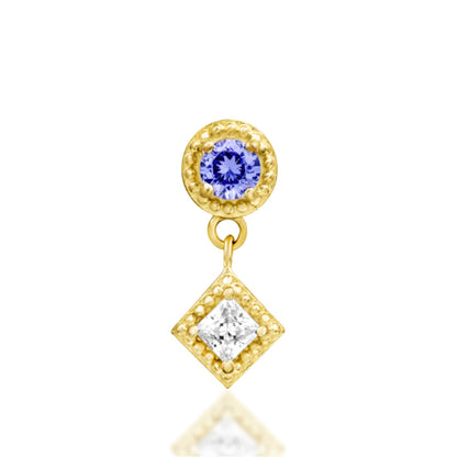 Junipurr Angelina solid 14k yellow gold Light Tanzanite CZ dangle threadless end, front view.