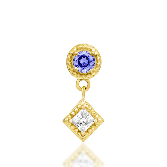 Junipurr Angelina solid 14k yellow gold Light Tanzanite CZ dangle threadless end, front view.