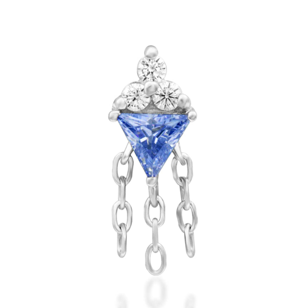 Junipurr Angelis solid 14k white gold Tanzanite CZ and White CZ dangle threadless end, front view.