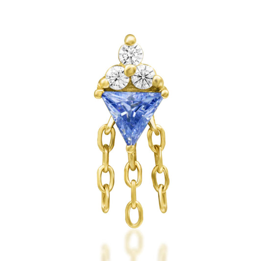 Junipurr Angelis solid 14k yellow gold Tanzanite CZ and White CZ dangle threadless end, front view.