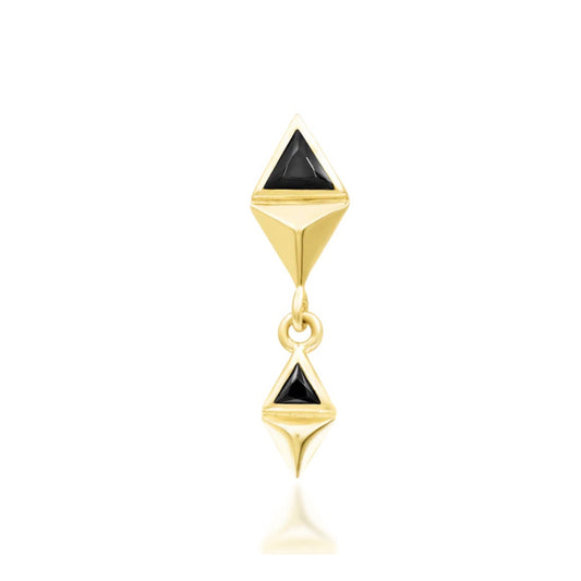 Junipurr Anitha solid 14k yellow gold threadless dangle with two Black CZ stones, front view.