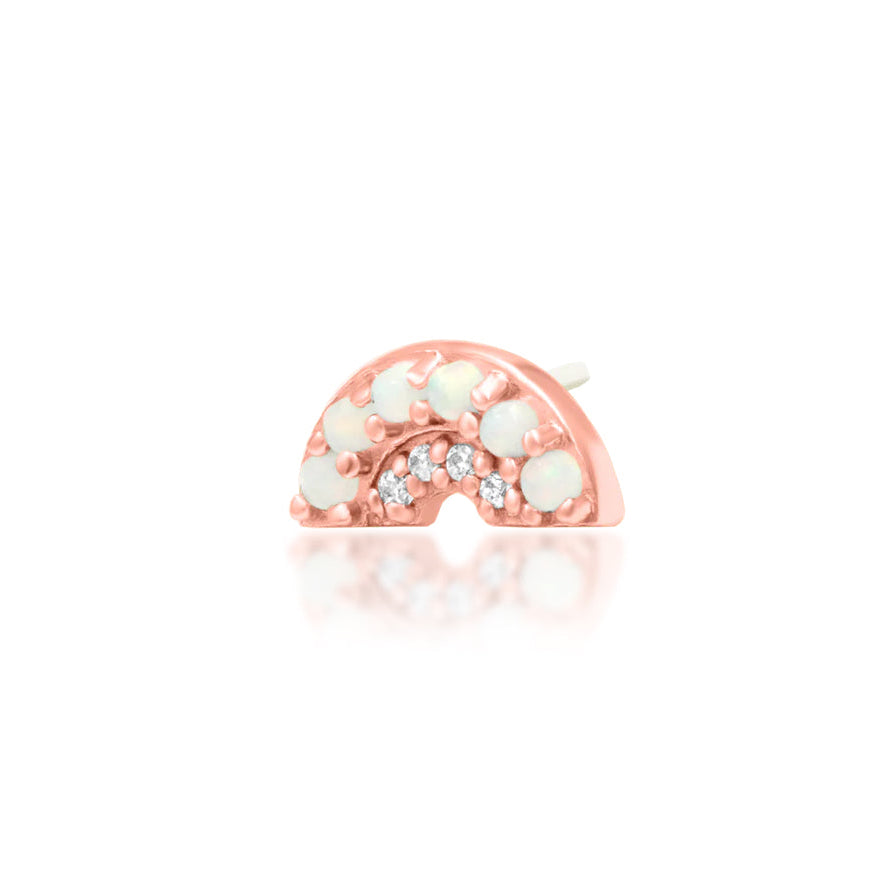 Junipurr Archly solid 14k rose gold opal and White CZ curved threadless end, angled view.