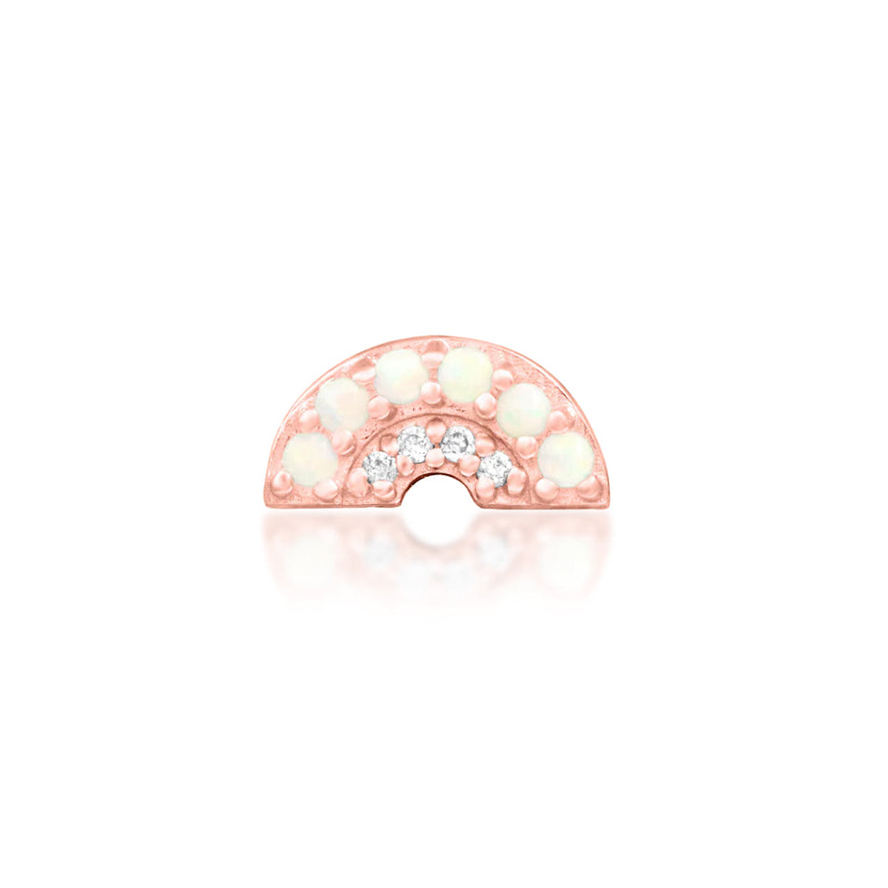 Junipurr Archly solid 14k rose gold curved threadless end with six opals and four White CZ, front view.