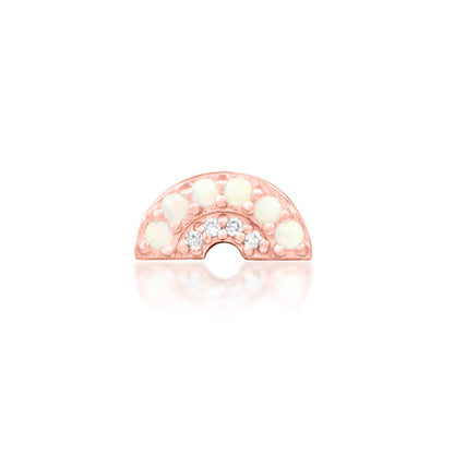 Junipurr Archly solid 14k rose gold curved threadless end with six opals and four White CZ, front view.