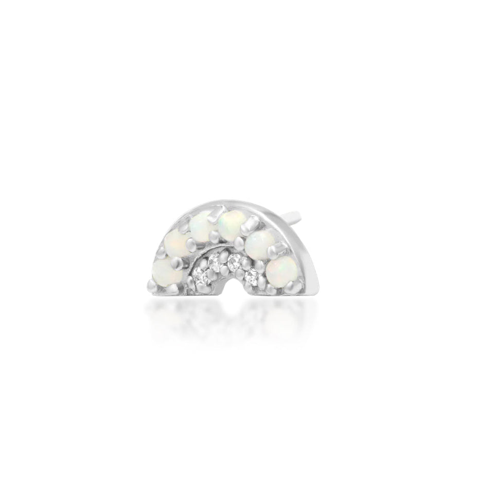 Junipurr Archly solid 14k white gold opal and White CZ curved threadless end, angled view.