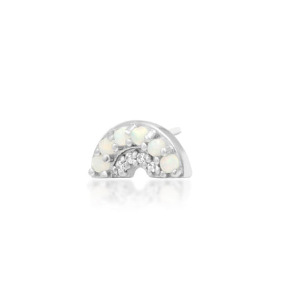 Junipurr Archly solid 14k white gold opal and White CZ curved threadless end, angled view.