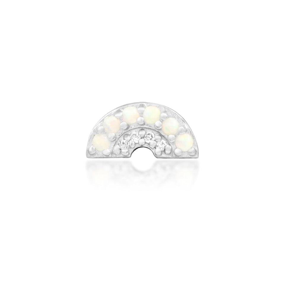 Junipurr Archly solid 14k white gold curved threadless end with six opals and four White CZ, front view.