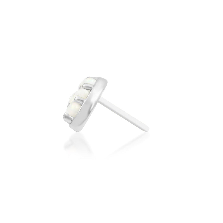 Junipurr Archly solid 14k white gold opal and White CZ threadless end, side profile.