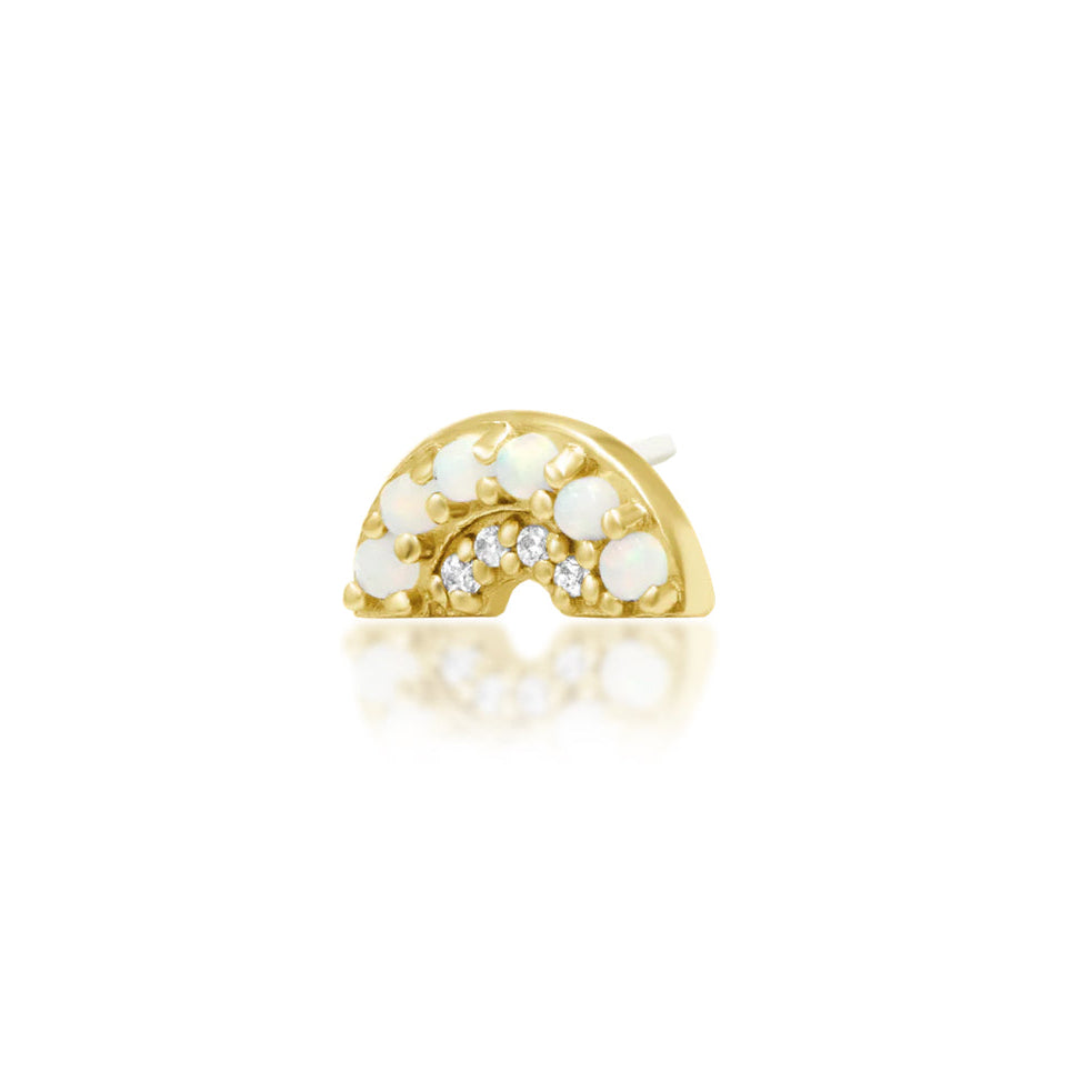 Junipurr Archly solid 14k yellow gold opal and White CZ curved threadless end, angled view.