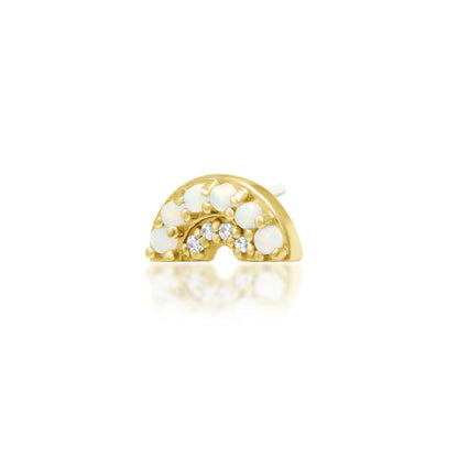 Junipurr Archly solid 14k yellow gold opal and White CZ curved threadless end, angled view.