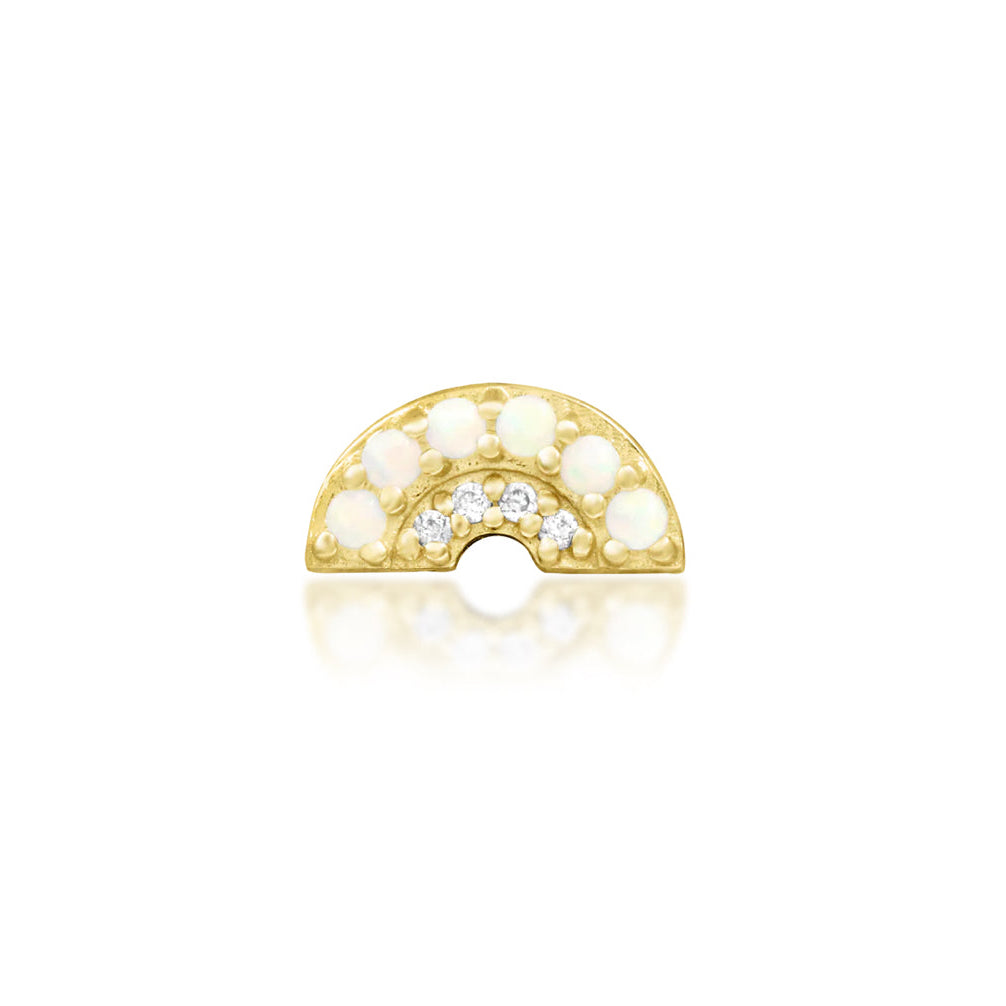 Junipurr Archly solid 14k yellow gold curved threadless end with six opals and four White CZ, front view.