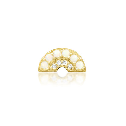 Junipurr Archly solid 14k yellow gold curved threadless end with six opals and four White CZ, front view.