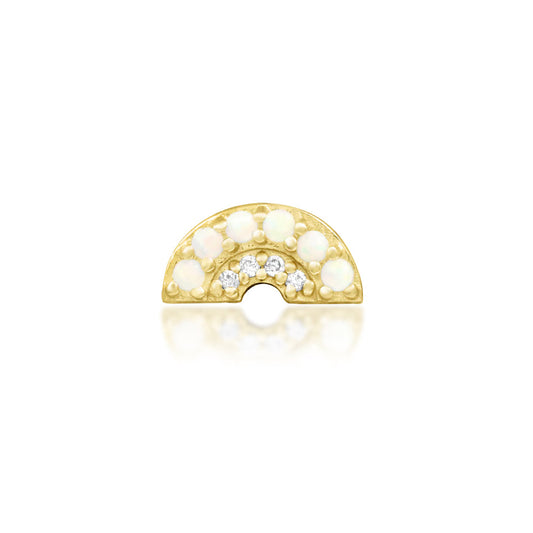 Junipurr Archly solid 14k yellow gold curved threadless end with six opals and four White CZ, front view.