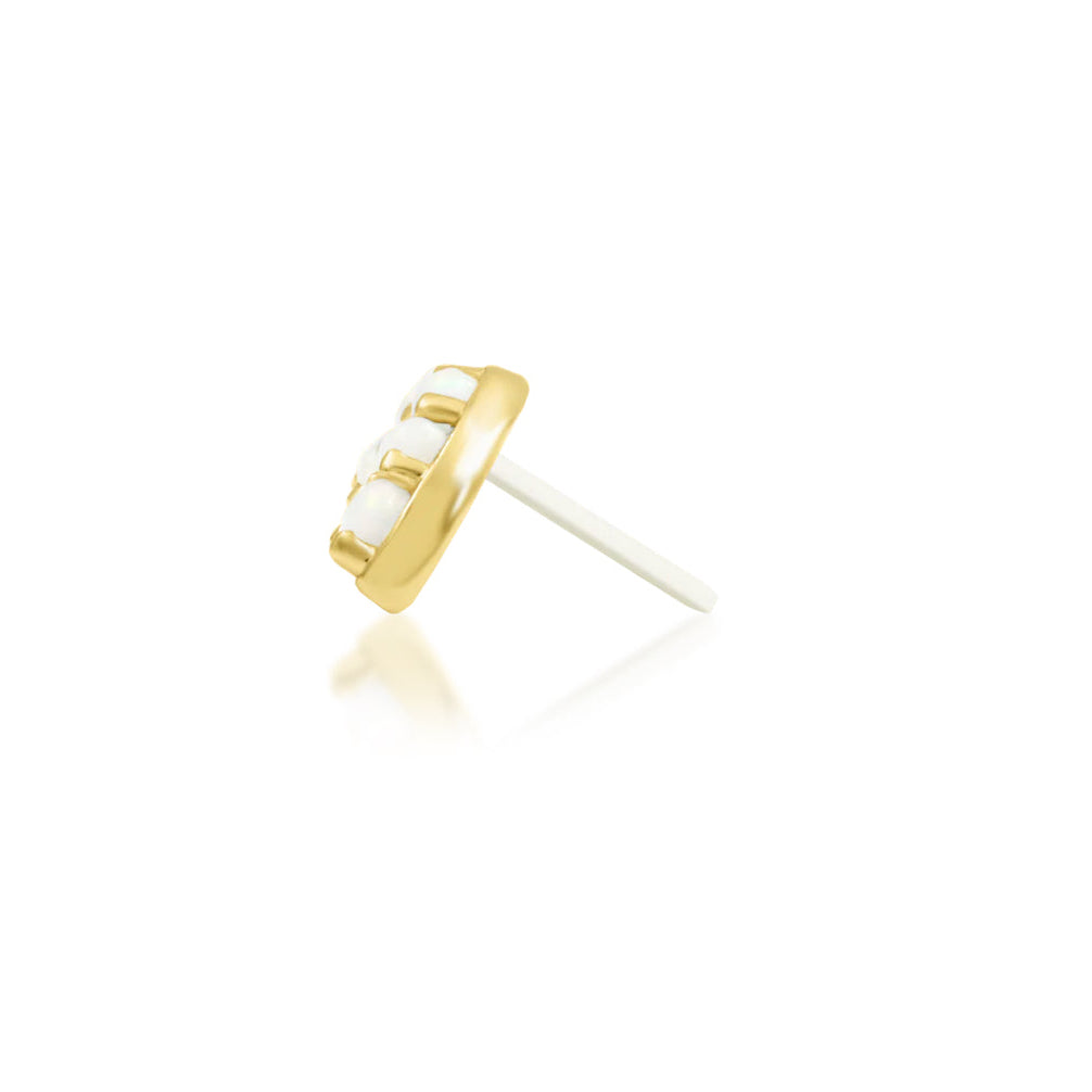 Junipurr Archly solid 14k yellow gold opal and White CZ threadless end, side profile.