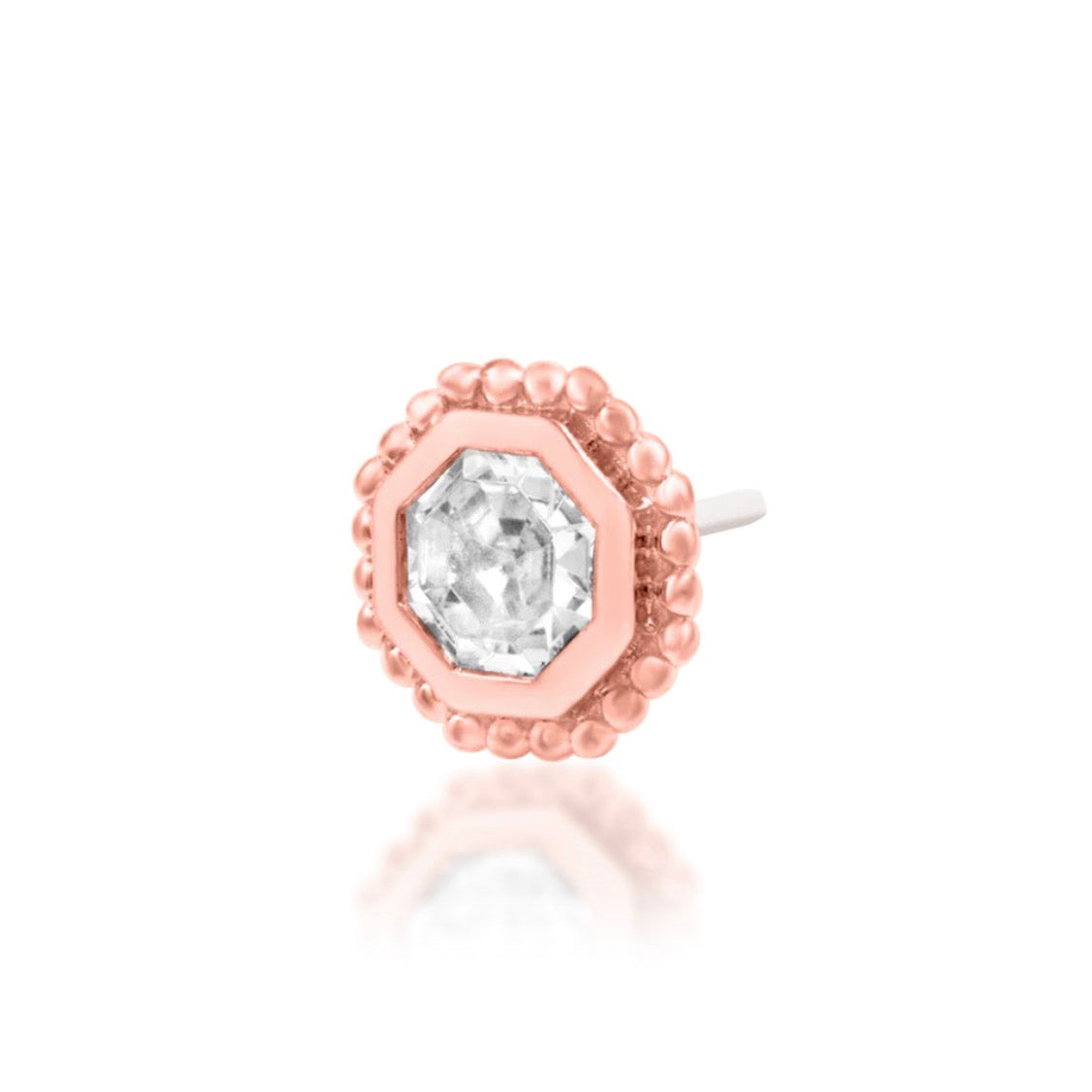 Junipurr Arleth solid 14k rose gold octagon White CZ threadless end, angled view.