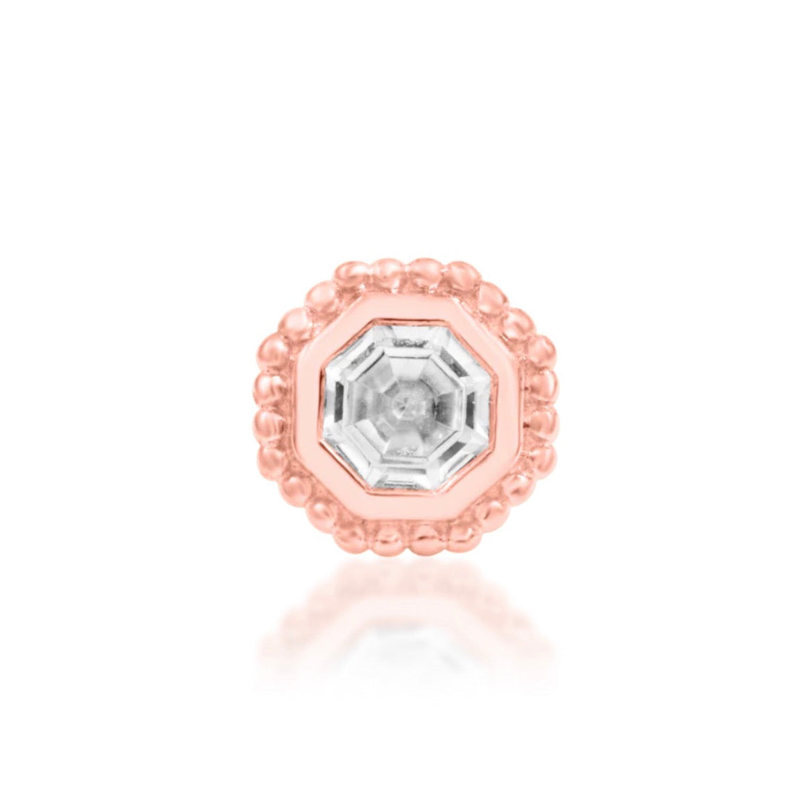 Junipurr Arleth solid 14k rose gold threadless end with a 3mm octagon White CZ, front view.