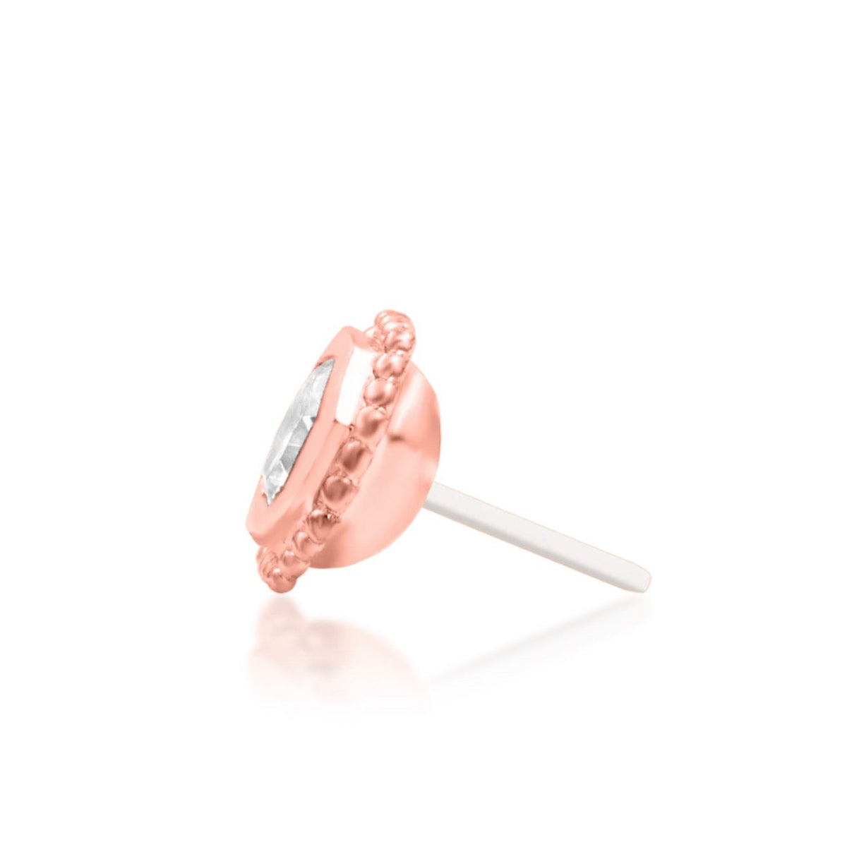 Junipurr Arleth solid 14k rose gold octagon White CZ threadless end, side profile.