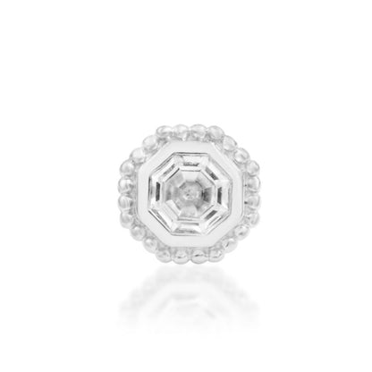 Junipurr Arleth solid 14k white gold octagon White CZ threadless end, angled view.