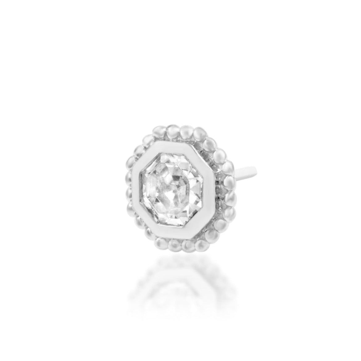 Junipurr Arleth solid 14k white gold threadless end with a 3mm octagon White CZ, front view.
