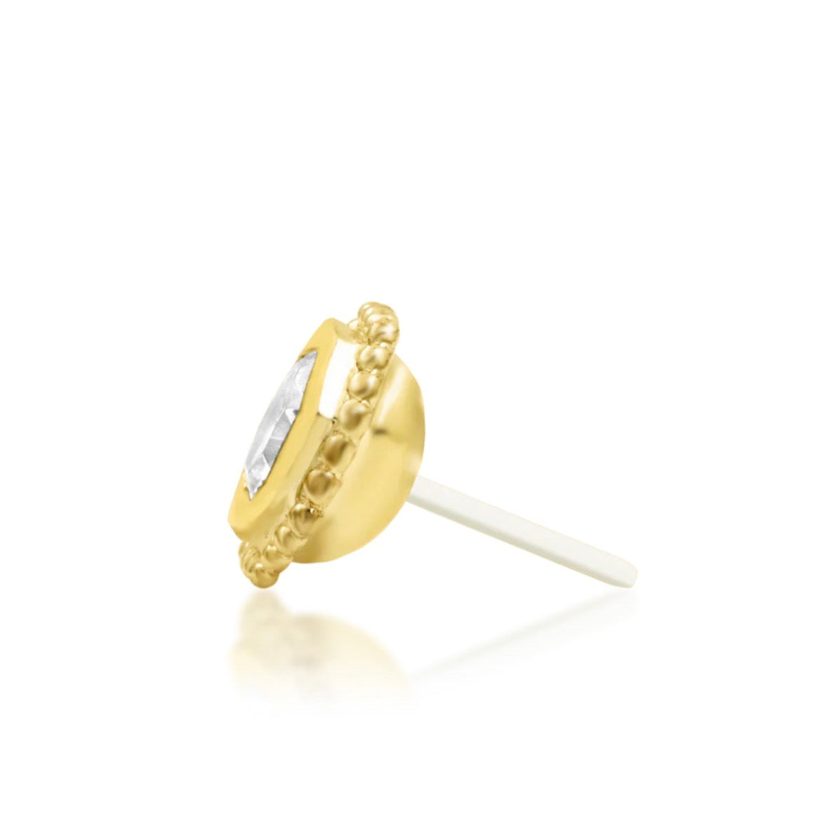 Junipurr Arleth solid 14k yellow gold octagon White CZ threadless end, side profile.