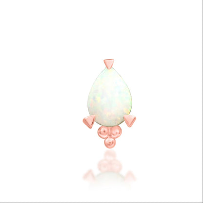 Junipurr Artemis solid 14k rose gold threadless end with a pear-cut synthetic opal and beaded detailing, front view.