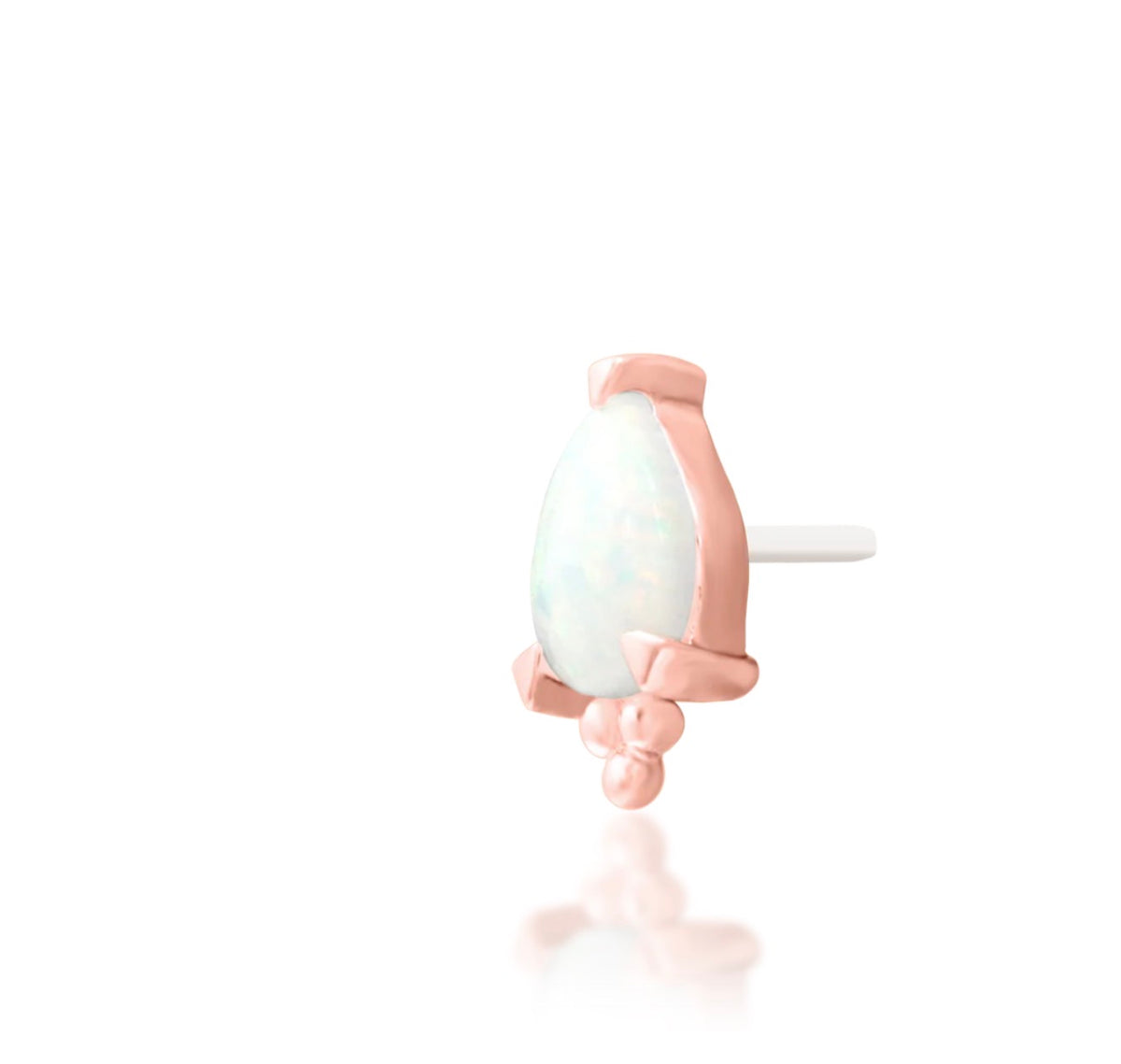 Junipurr Artemis solid 14k gold pear synthetic opal threadless end with beaded detail, product view.