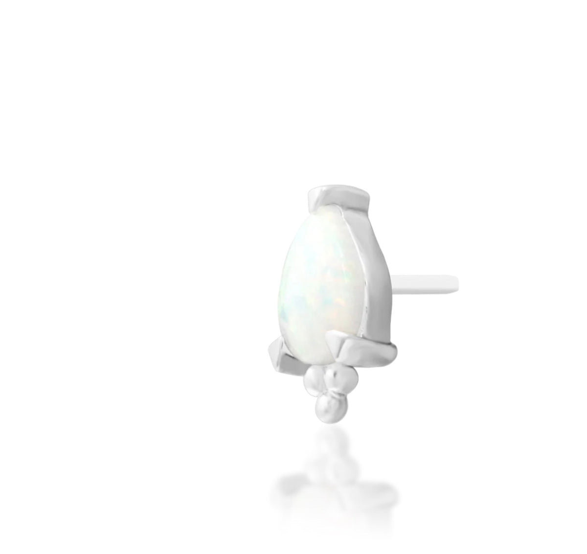 Junipurr Artemis solid 14k white gold pear synthetic opal threadless end, angled view.