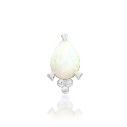 Junipurr Artemis solid 14k white gold threadless end with a pear-cut synthetic opal and beaded detailing, front view.