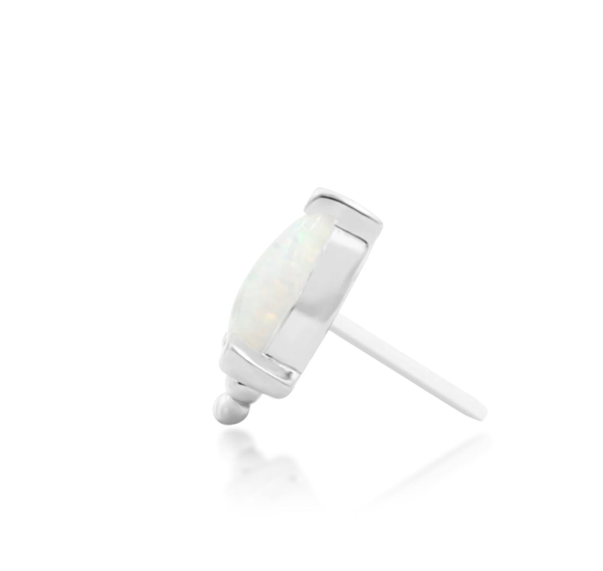 Junipurr Artemis solid 14k white gold synthetic opal threadless end, side profile.