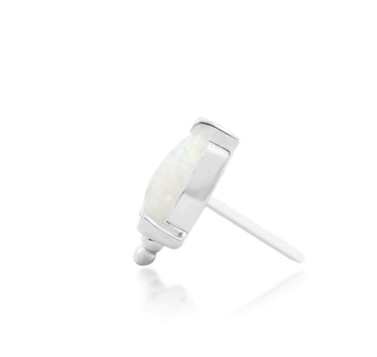 Junipurr Artemis solid 14k white gold synthetic opal threadless end, side profile.