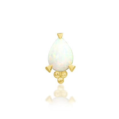 Junipurr Artemis solid 14k yellow gold threadless end with a 3mm × 4mm pear-cut synthetic opal, front view.