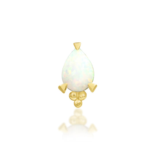 Junipurr Artemis solid 14k yellow gold threadless end with a 3mm × 4mm pear-cut synthetic opal, front view.