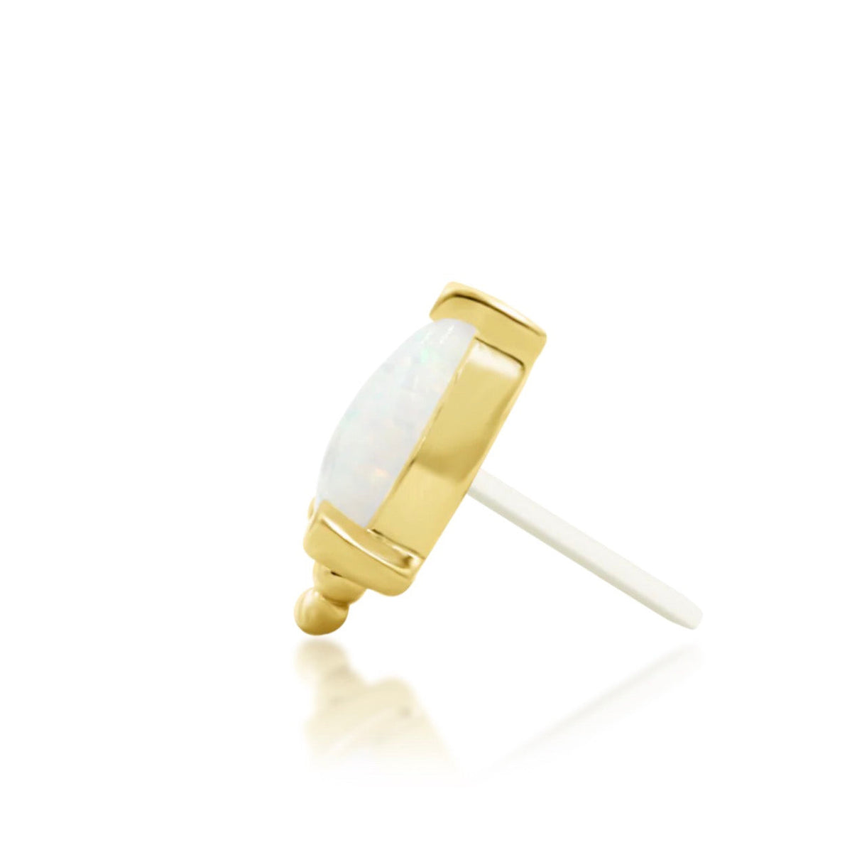 Junipurr Artemis solid 14k yellow gold synthetic opal threadless end, side profile.