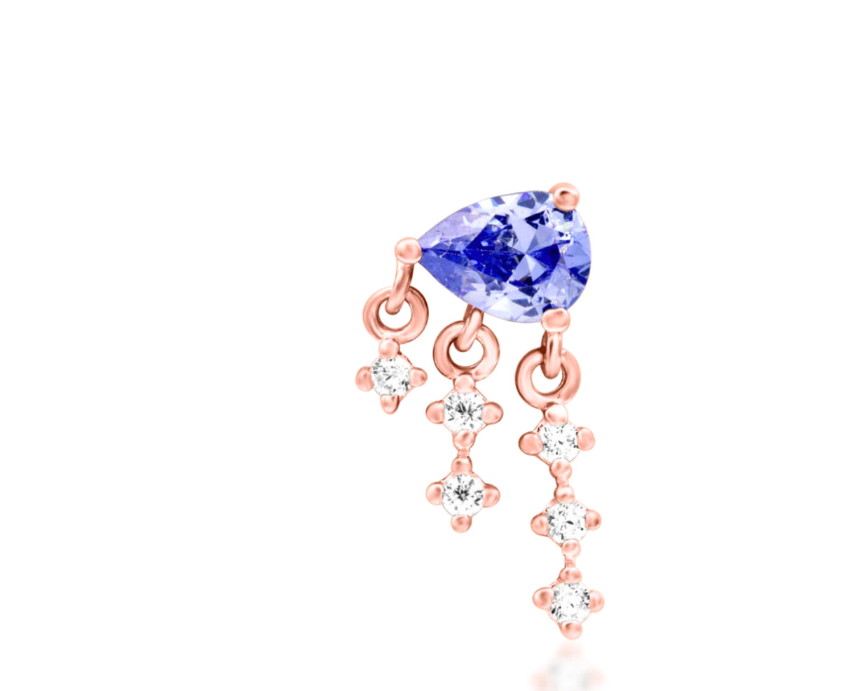 Junipurr Asha solid 14k gold Tanzanite CZ dangle threadless decorative end, product view.