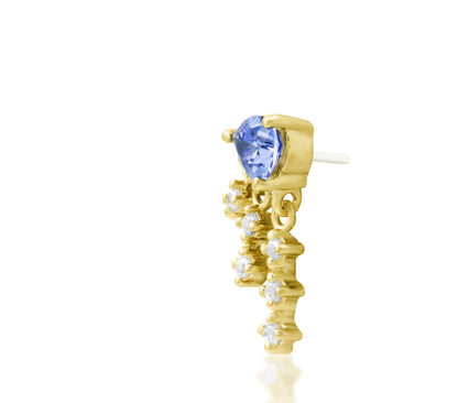 Junipurr Asha Tanzanite CZ threadless decorative end in solid 14k gold, product view.