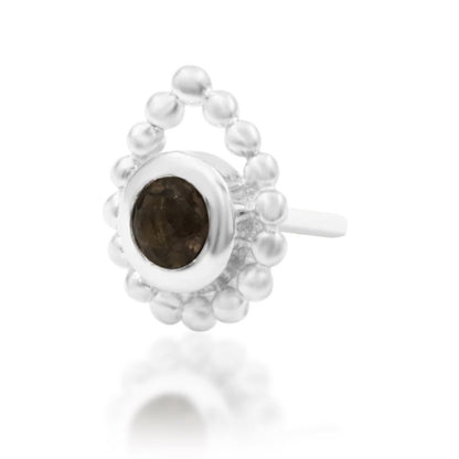 Junipurr Ashai white gold round smoky quartz end with a beaded border, shown at an angle.